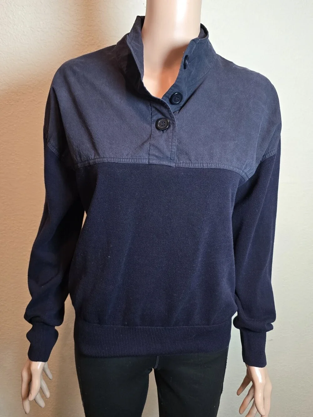 COS Small  navy colorblock button up quarter button long sleeve sweater